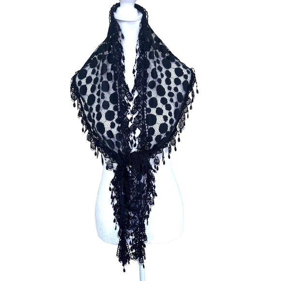 Chico’s Women’s Black Lace Fringed Pokeadot Scarf. - Picture 1 of 5